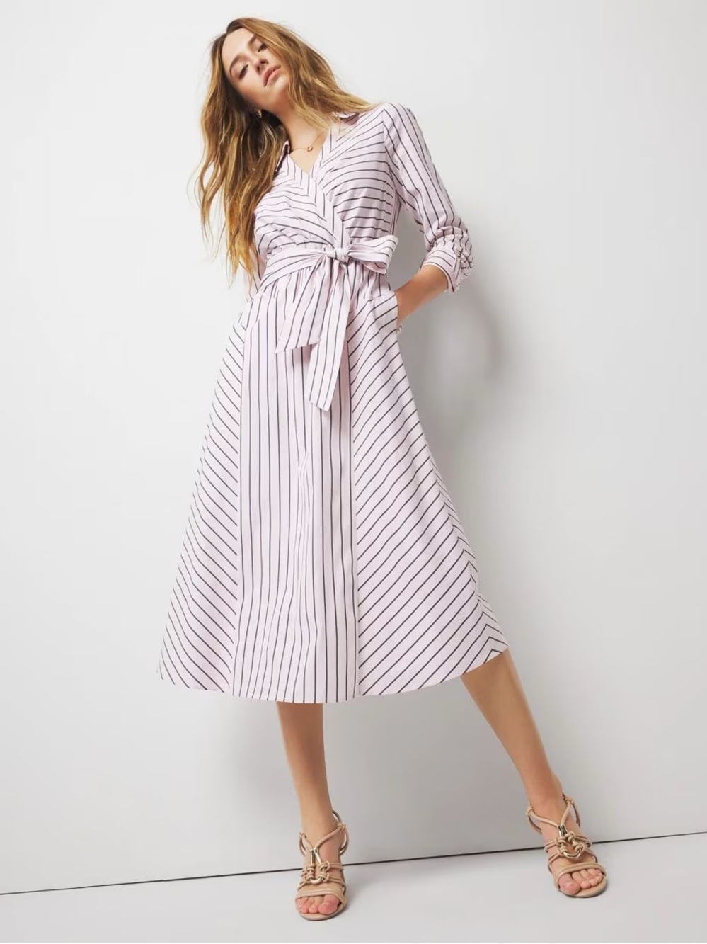 Striped Tie-Waist Midi Dress in Light Pink